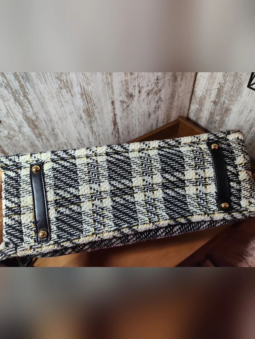 Black, Cream & Yellow Tweed Plaid Check Work Office Tote With Smiley Face